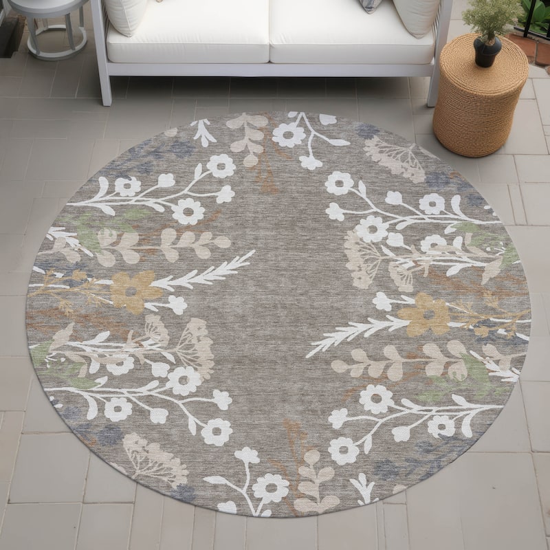 Machine Washable Indoor/ Outdoor Floral Border Chantille Rug - Taupe - 8' x 8'