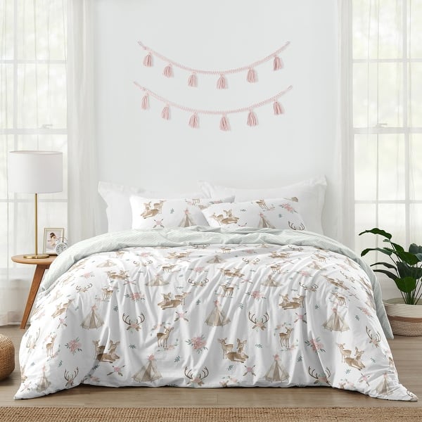 slide 2 of 6, Sweet Jojo Designs Blush Pink Mint Watercolor Woodland Deer Floral Collection Girl 3 piece Full Queen-size Comforter Set