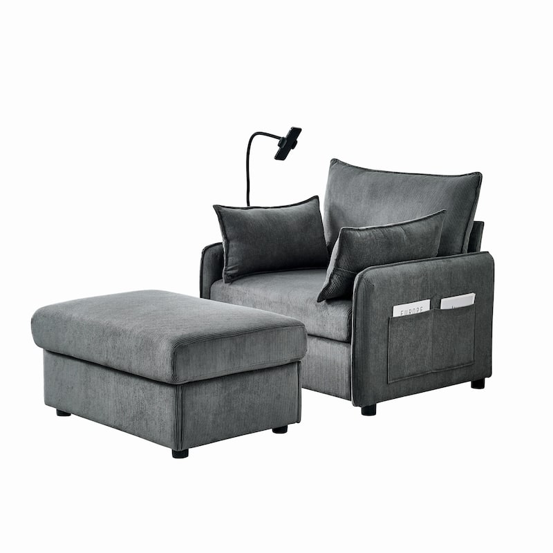 Corduroy Lounge Chaise with Ottoman, USB Charging and Hidden Storage