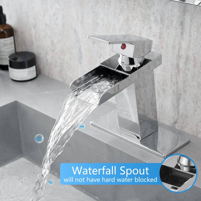 Modern Single Handle Waterfall Bathroom Sink Faucet with Overflow Pop Up Drain, Rust Resistant, Single Hole