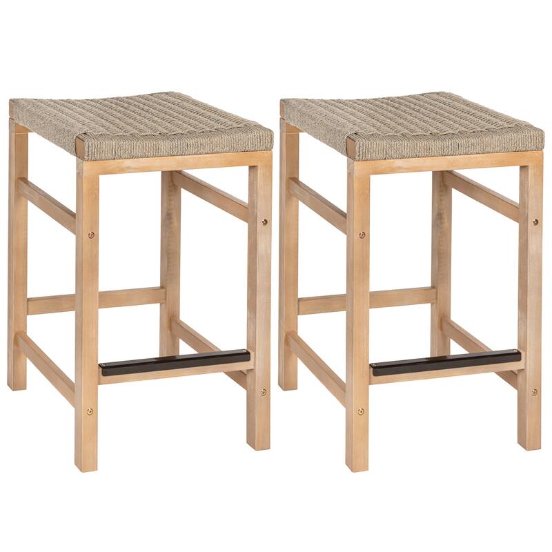 Armand Backless Acacia Wood Outdoor Stool with Woven Rope Seat, (Set of 2)