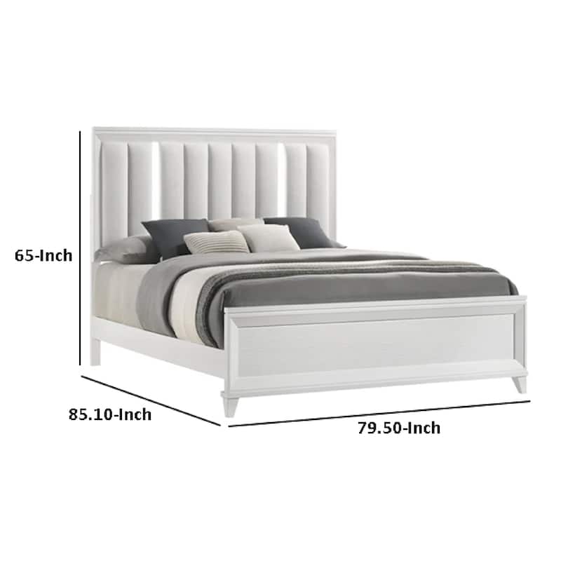 Ressy King Platform Bed with LED, Channel Tufted Upholstery, White Wood