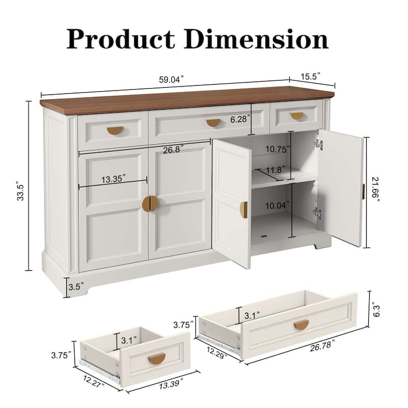 59'' W Sideboard with 3 Drawers, 4-Door Storage Cabinet