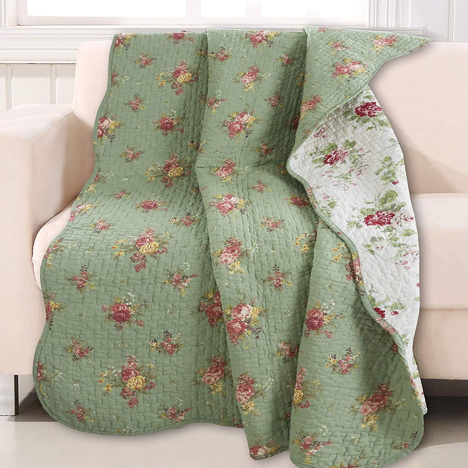 Cozy Line Vintage Floral Quilted Reversible Throw Blanket