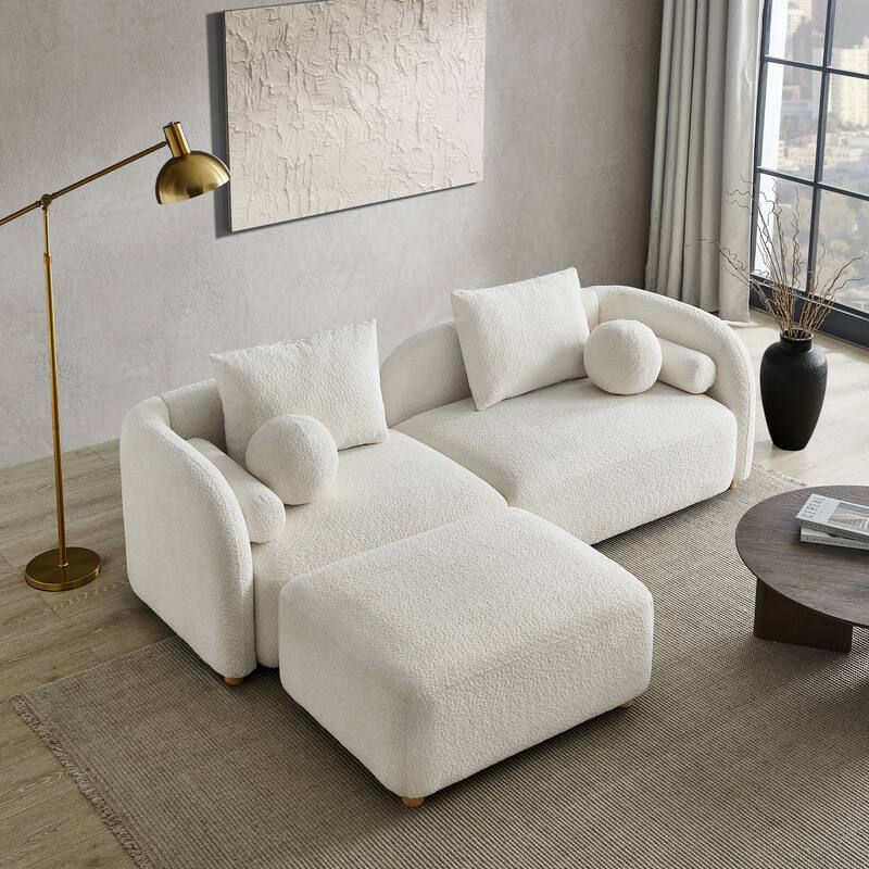 91" L-Shaped Sectional Sofa, Modular Curved Back Sofa with Movable Ottoman and 6 Pillows - White - Reversible