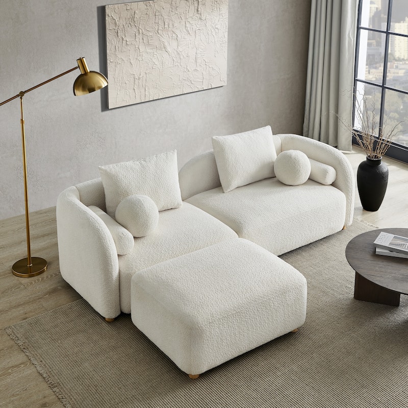 Modern Boucle Fabric Ottoman with Solid Wood Legs