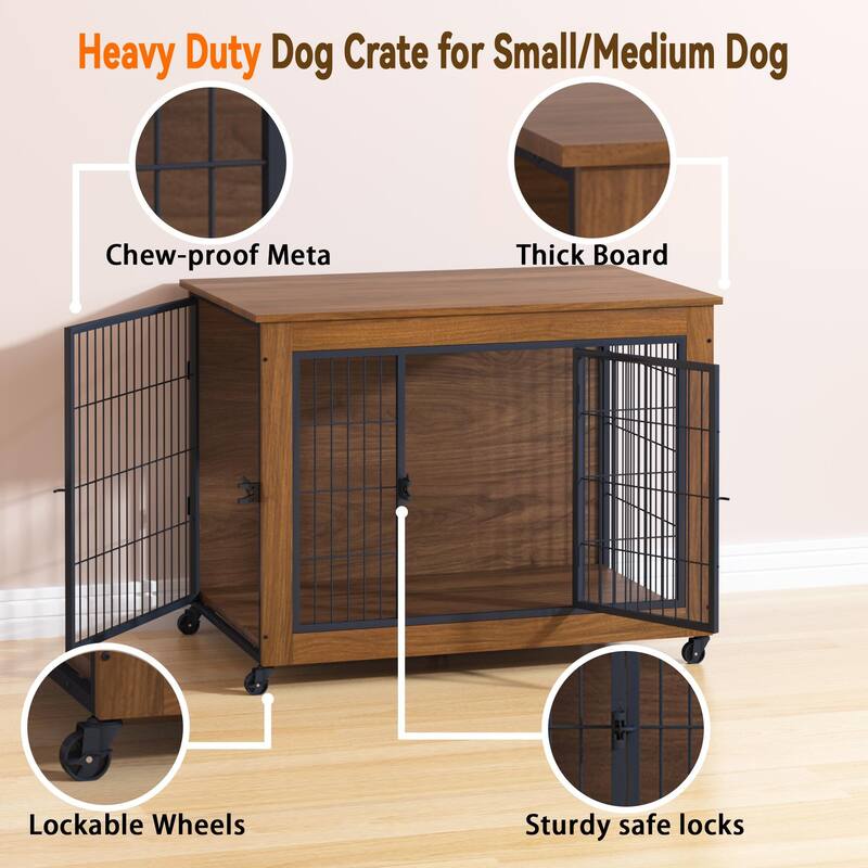 38.6" Dog Crate Furniture with Wheels for Small Dogs, Heavy Duty Dog Kennel Indoor with 2 Doors, Wooden Pet Cage End Table