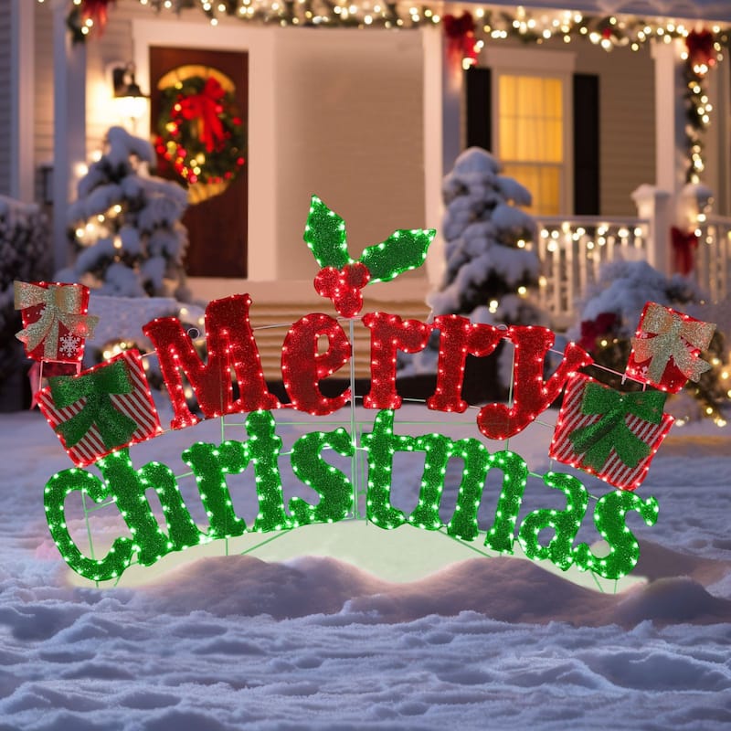 VEIKOUS 6FT Merry Christmas Sign with LED Lights, 2-in-1 Hanging or Freestanding Outdoor/Indoor LED Wall Sign Decor