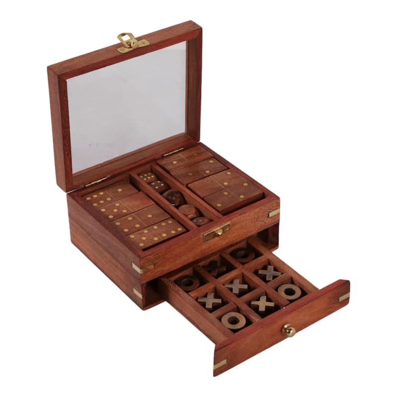 3 in 1 Classic Tabletop Game Set in Wooden Case Storage - 6", Brown & Gold - 6.0"