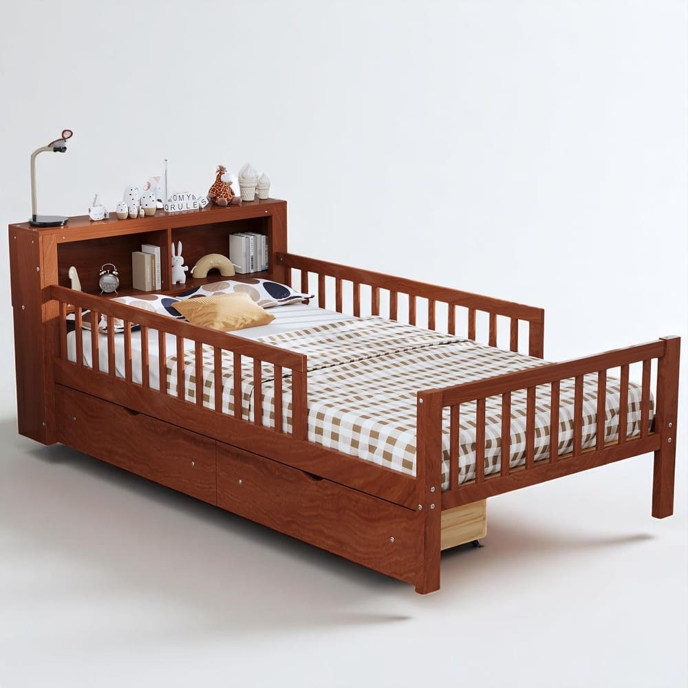 Twin Platform Bed with Storage Headboard, Under-Bed Drawers, and Three-Side Safety Guardrails