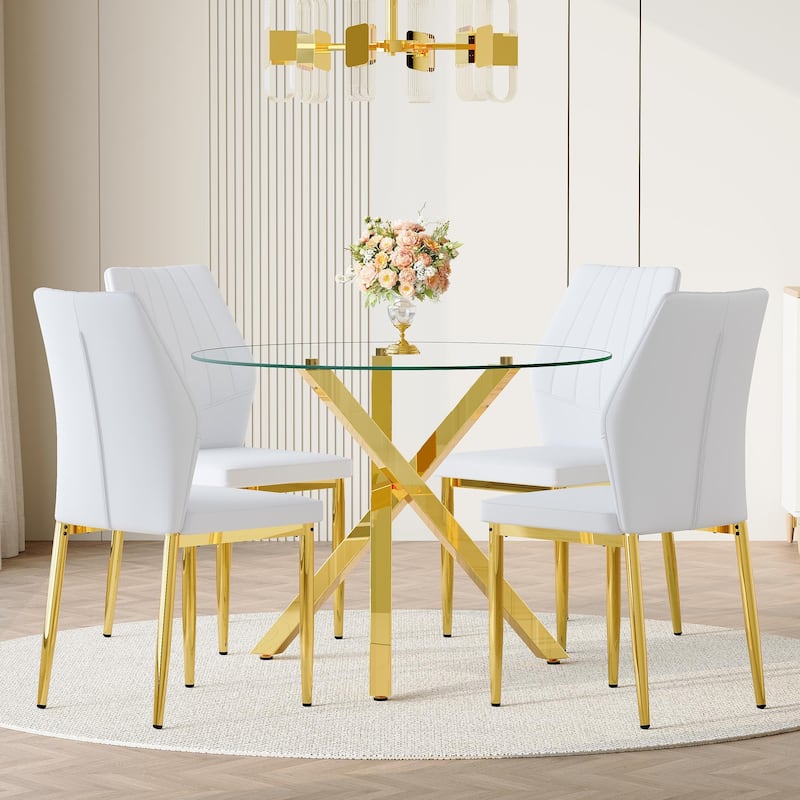 5 Piece Dining Table Set with 39 Inch Round Glass Top X Shaped Metal Base and 4 PU Chairs