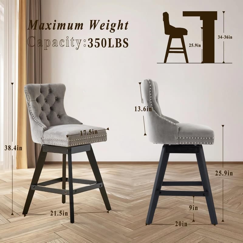 Tufted Swivel Velvet Rubberwood Nailhead Barstools (Set of 2)