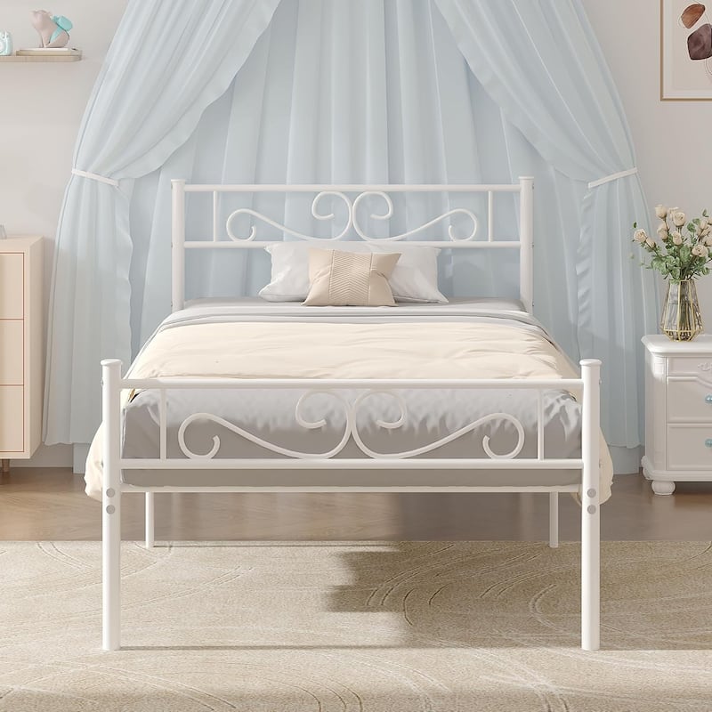 Metal Bed Frame with Headboard and Footboard- Twin/Full/Queen Size Bed - White - Twin