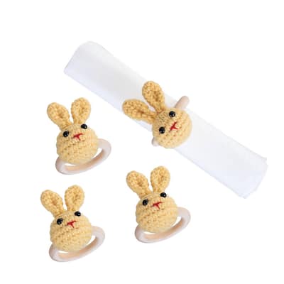 Easter Yellow Knitted Bunny Rabbit Napkin Ring Set of 4