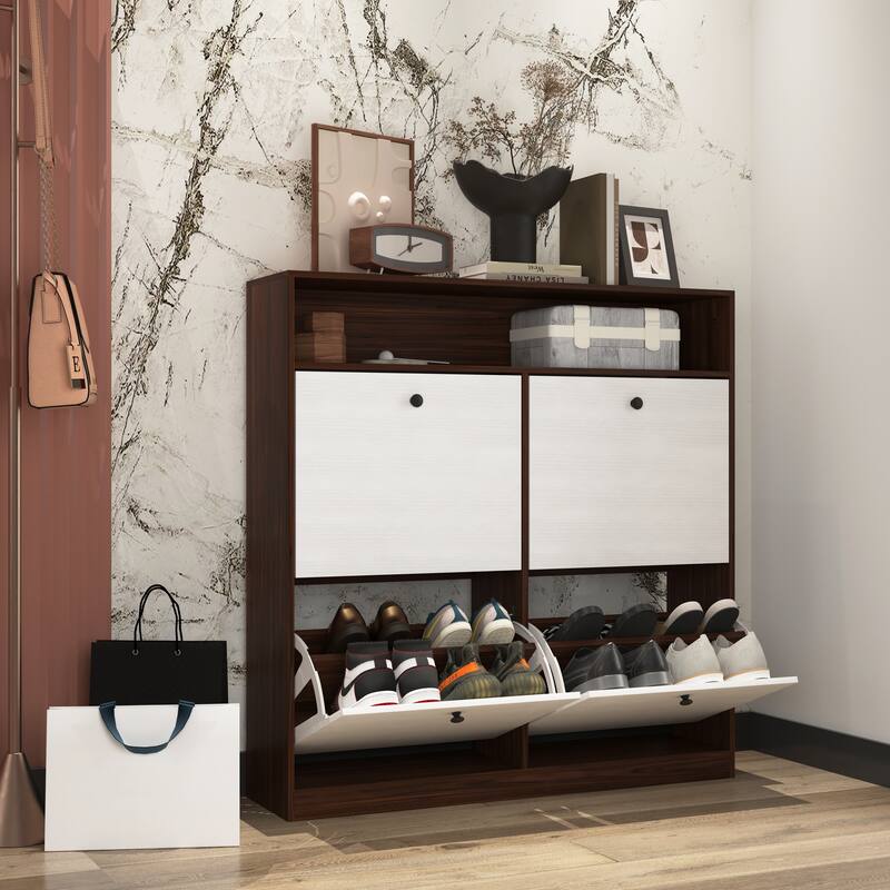 Sleek Shoe Cabinet with 4 Flip Drawers, Wooden Handle, and Anti-Tip Fitting for Narrow Spaces