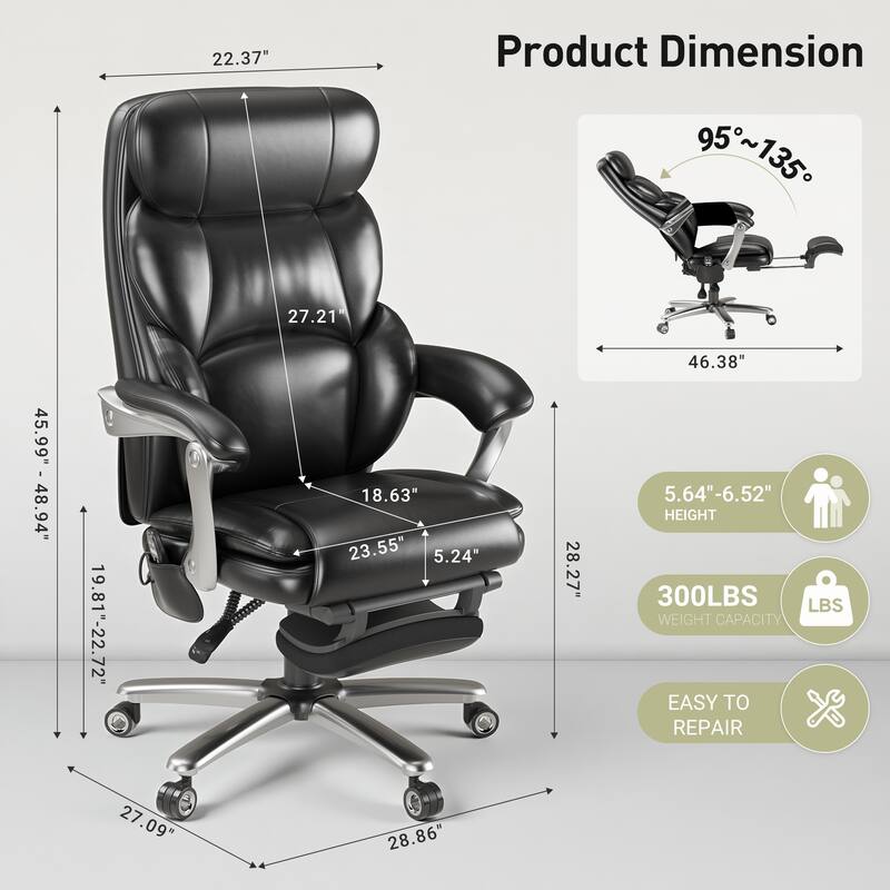 Executive Office Chair with Massage, Heat and Reclining Footrest - Wide Ergonomic Swivel Chair