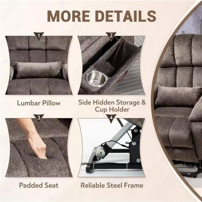 Power Lift Recliner with Extended Footrest,Overstuffed Chenille Dual Motor Recliners with Heat/Message,USB Type C Charging
