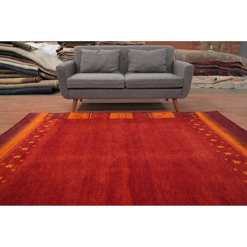 Hand Knotted Oriental 100% Wool Carpet Modern Geometric Red Gabbeh Area Rug - 8' 0'' X 6' 6''
