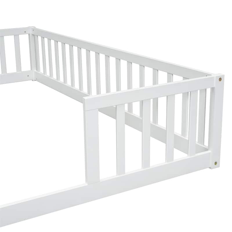 Double Twin Floor Bed with Fence, Guardrails,Without Door