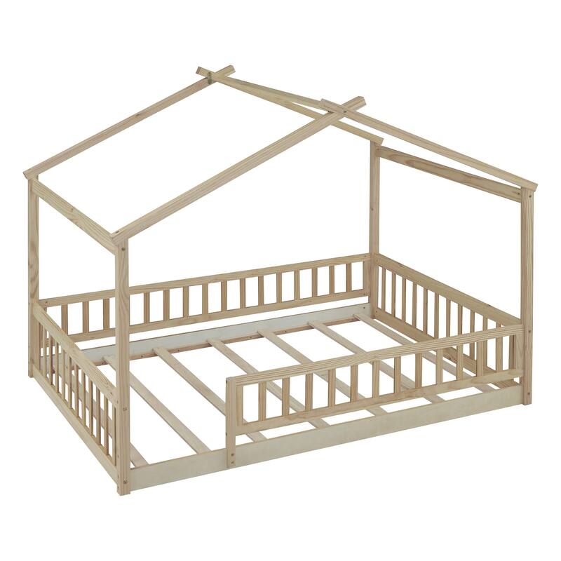 Wood Bed House Bed Frame with Fence for Kids