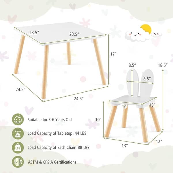 dimension image slide 1 of 3, Kids Table and Chair Set, 3 Pcs Wooden Play Table and 2 Cute Rabbit Chairs, Solid Wood Legs, Space-Saving