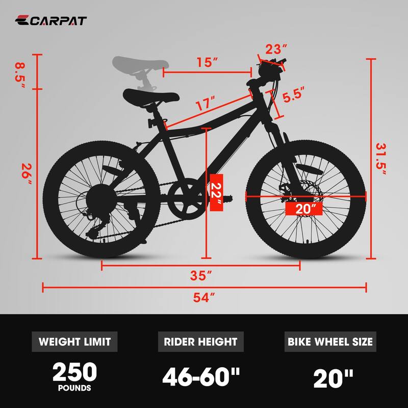 20 Inch Kids Mountain Bike Height Carbon Steel Frame 7 Speed Bicycles, Front Suspension Disc Brake Rear V-Brake for Kids, Teens