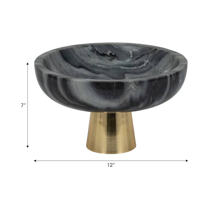 Sagebrook Home 12" Dazey Grey Marble Bowl, 7"H, Gold Base - 12" x 12" x 7"