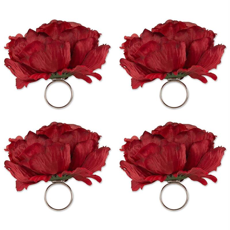 DII Fun Decorative Party Napkin Rings, 1.5" Diameter (inside) - Deep Red Peony - Set of 4