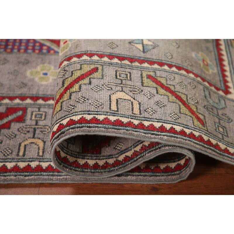 Geometric Gray Kazak Oriental Area Rug Handmade Wool Carpet - 6'4" x 9'0"