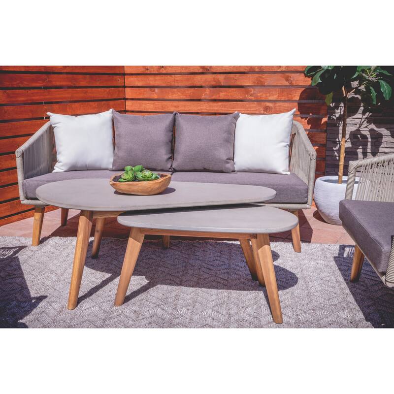 Polyresin Concrete Inspired Oval Outdoor Accent Table with Brown Tapered Wood Legs - Gray - Roche River Decor