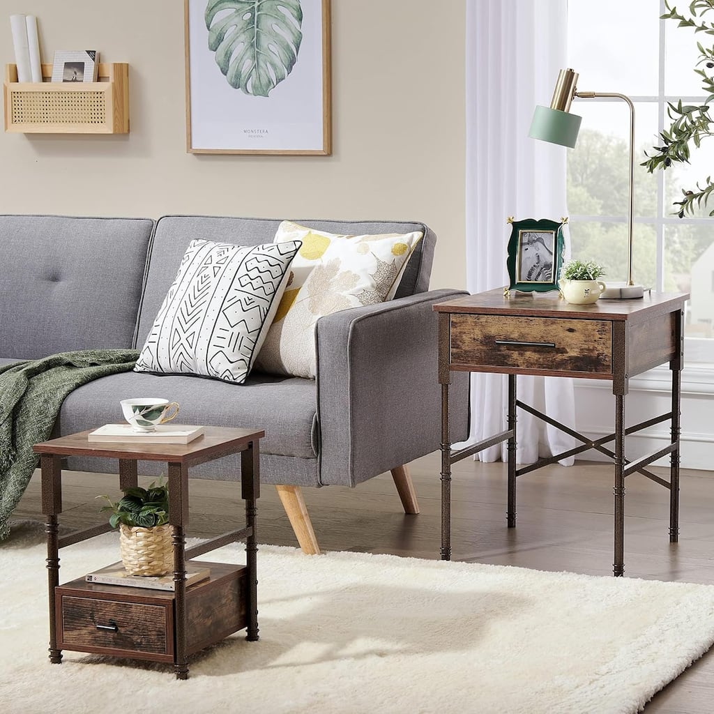 2-Piece Industrial Nesting End Table Set with Drawers