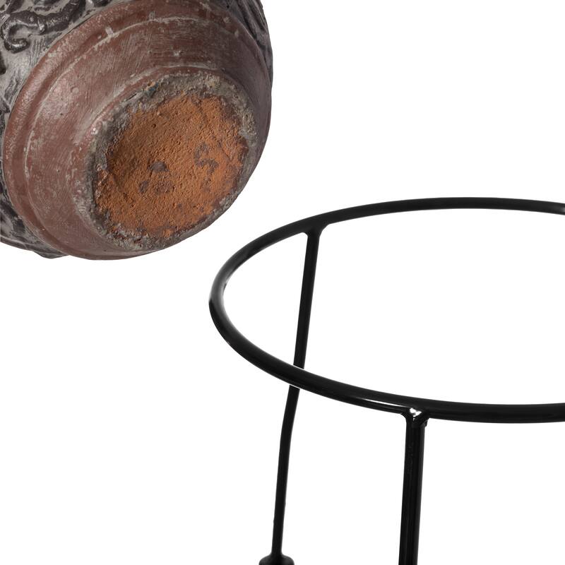 Outdoor Small Red and Gray Clay Grill Accent Design Charcoal Burning Fire Pit with Sturdy Metal Stand, Barbecue, Cocktail Party