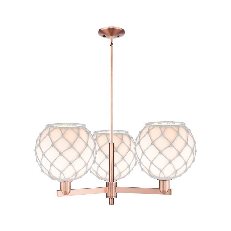 Innovations Lighting Endless Possibilities Arcadia - Farmhouse Rope - 3 Light 32" Stem Hung Chandelier - White Glass with White Rope/Antique Copper