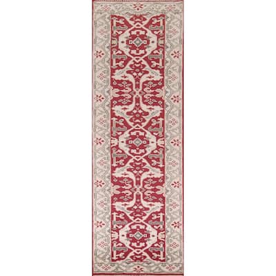 Red Oushak Indian Runner Rug Hand-Knotted Transitional Wool Carpet - 2'7"x 9'8"