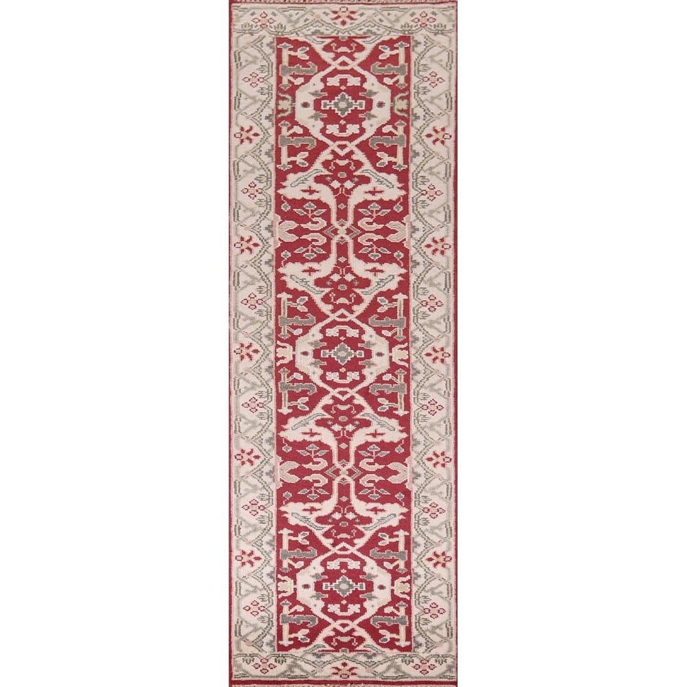 Red Oushak Indian Runner Rug Hand-Knotted Transitional Wool Carpet - 2'7"x 9'8"
