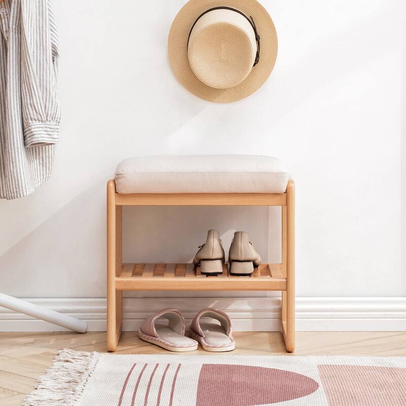 Natural Solid Wood Shoe Bench, Beech Wood Storage Rack Organizer with High Rebound Sponge Cushion - Brown