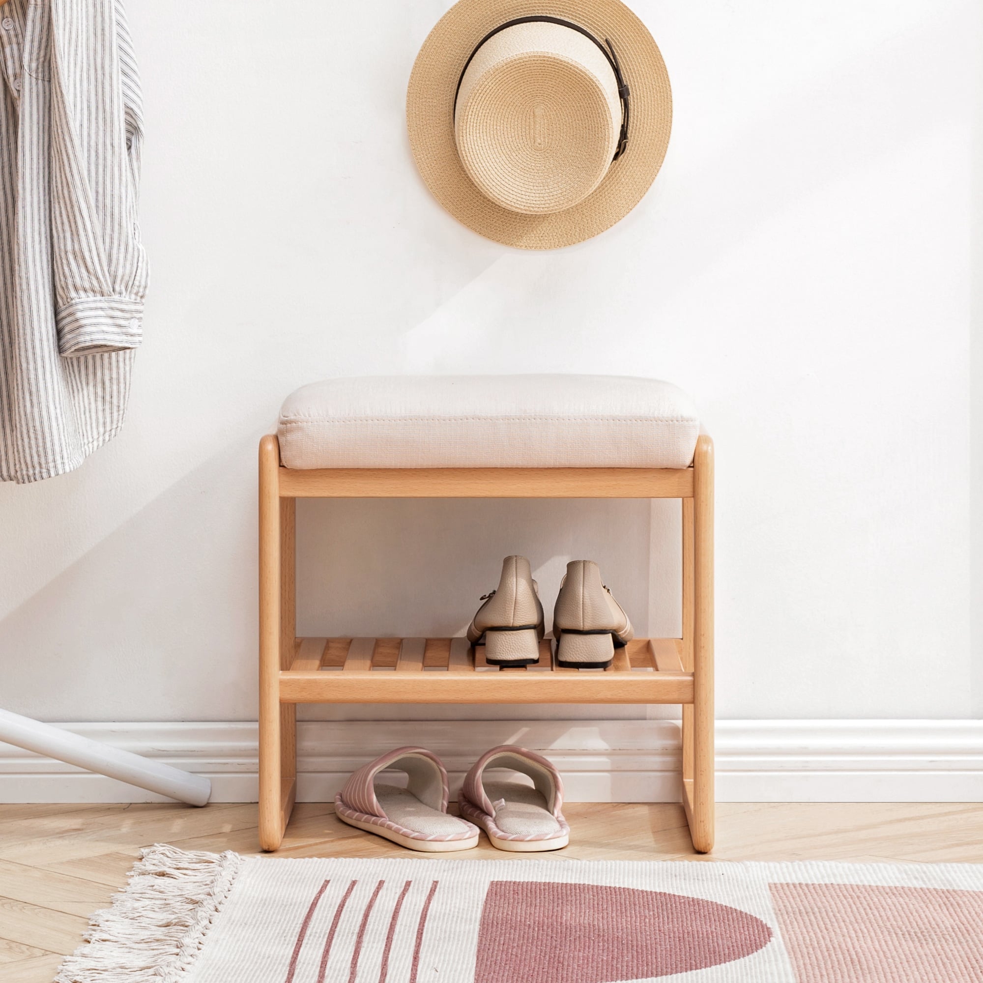 Solid Wood Shoe Bench,Shoe Rack Organizer with Cushion
