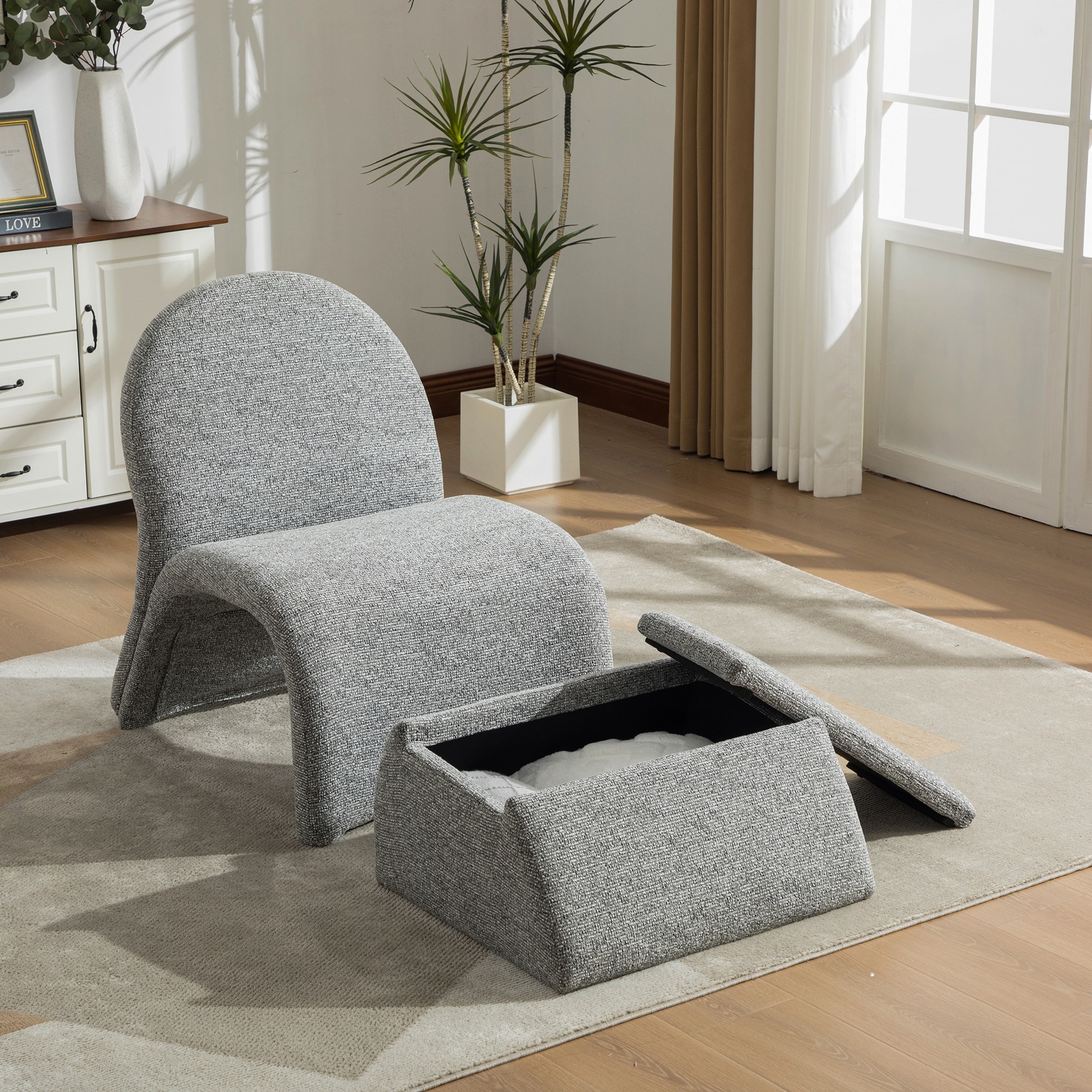 Gray Upholstered Chair Armless Chair with Storage Ottoman, Accent Chair Reading Chair Padded Chair Vanity Chair