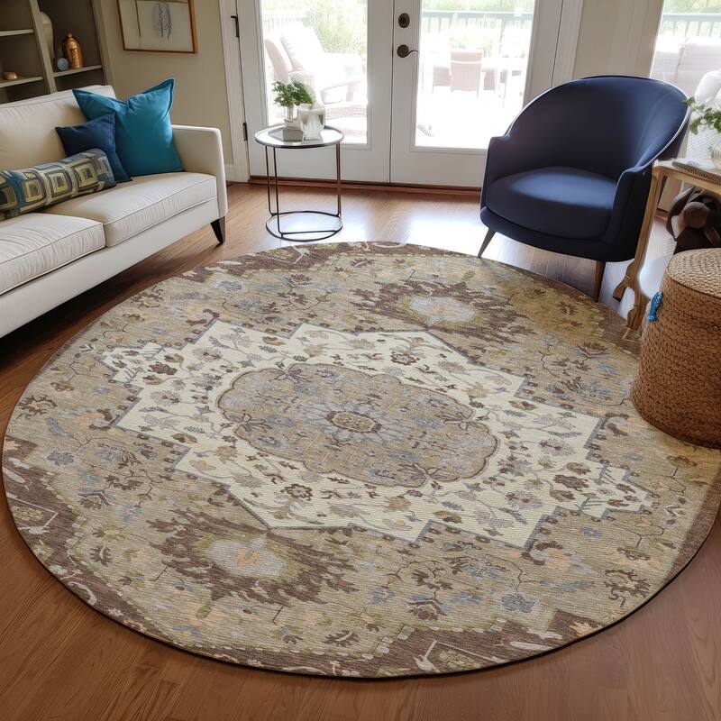 Machine Washable Indoor/ Outdoor Traditional Medallion Chantille Rug - Chocolate - 8' x 8'