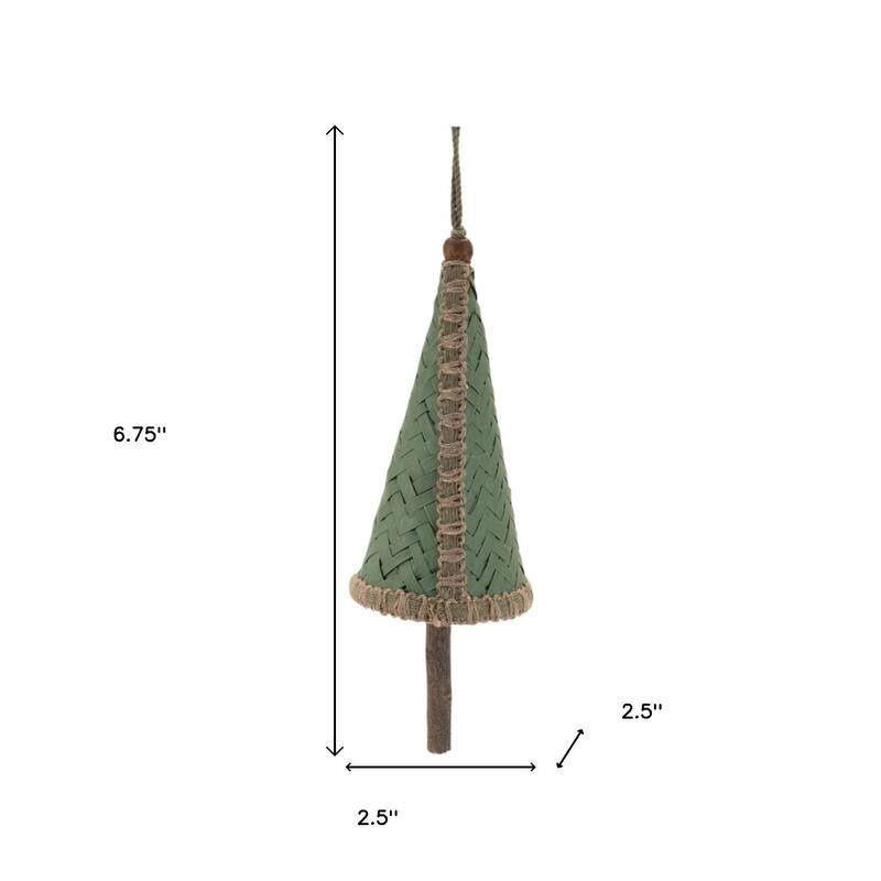 HomeRoots Set of Four Green And Natural Woven Bamboo Christmas Tree Shaped Ornaments