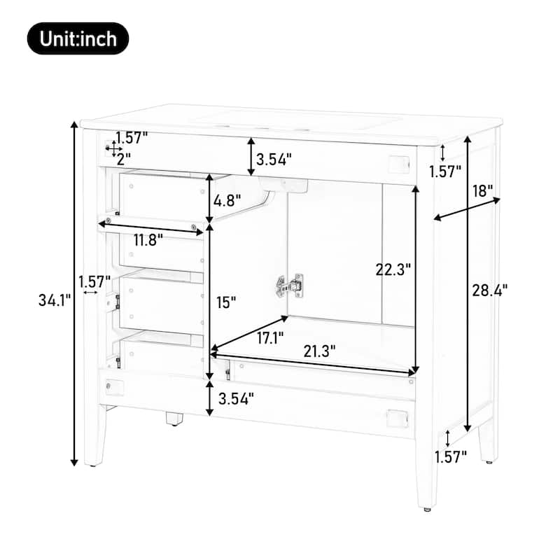 Single Sink Bathroom Vanity Cabinet with 4 Drawers, Cabinet Base & Ceramic Basin Set, 36 Inch