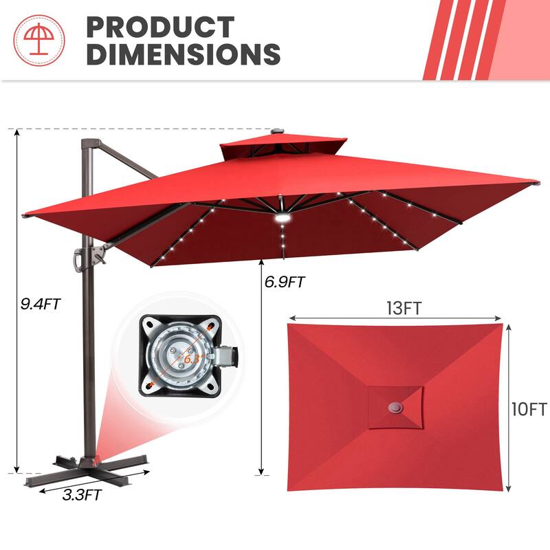 10 FT x 13 FT Outdoor LED Lighted Double Top Patio Cantilever Umbrella