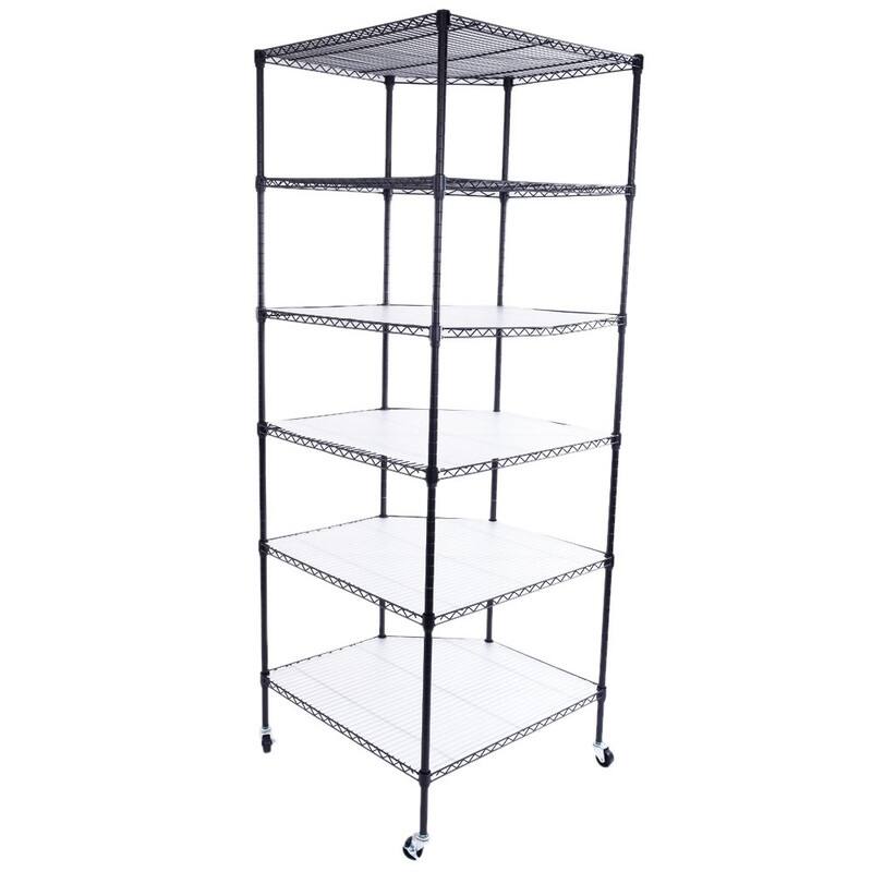 6-Layer Plastic Coated Polygonal Corner Shelf with 2" PP Wheels 680*680*1800 Black - Black