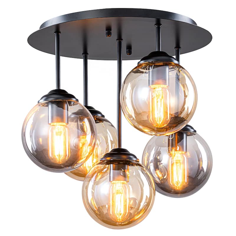 5 Lights Semi-Flush Mount Ceiling Light Smoky Gray&Amber Glass Globes - Dia.17.32-in