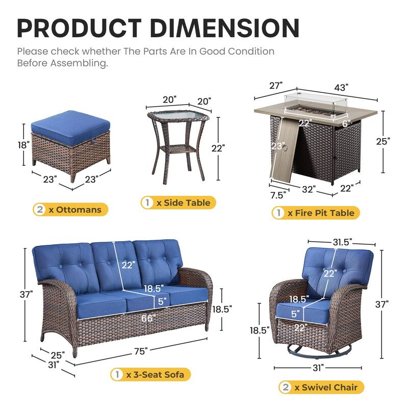 Gymojoy Outdoor Wicker Patio Furniture Sofa Set with 55,000 BTU Fire Pit Table, Swivel Chairs, Ottomans & Side Tables