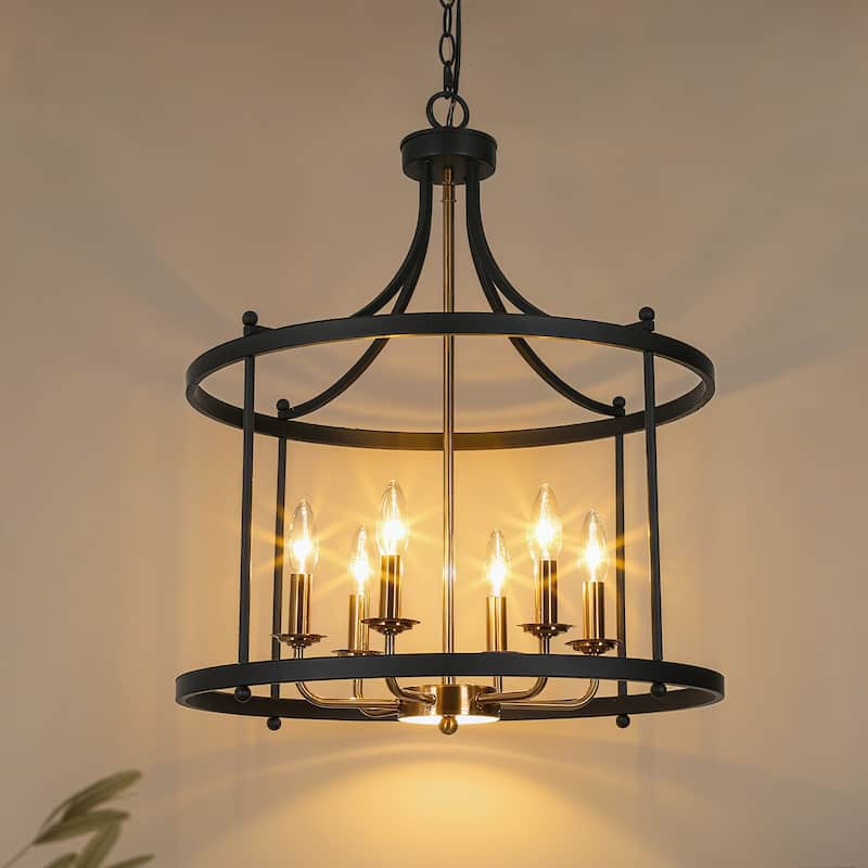 Modern 6-Light Drum Chandelier Black Gold Lantern Pendant for Dining Room Foyer - 21.5'' D x 27'' H