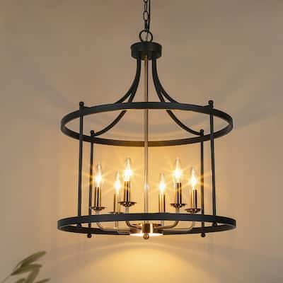 Modern 6-Light Drum Chandelier Black Gold Lantern Pendant for Dining Room Foyer - 21.5'' D x 27'' H