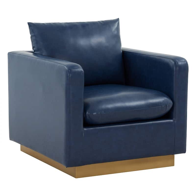 LeisureMod Nervo Modern Leather Accent Arm Chair With Gold Base - 32.75 - Navy Blue