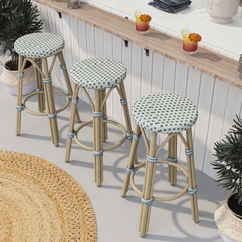 Elena Bohemian Round Wicker Patio Stools (Set of 2) by Furniture of America - Beige/Blue - Counter Height