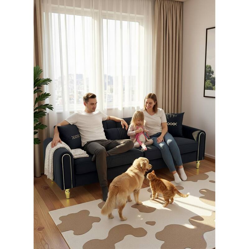 Roomfitters 87.4 Inch 3 Seater Elegant Modern Upholstered Sofa with Gold Metal Trim, Vertical Channel Tufted Back